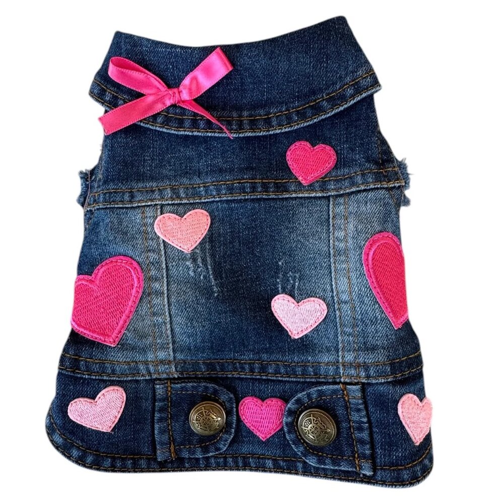 The "Be Mine" Valentines Day Dog Denim Snap Vest Pet Clothing Bow Sizes XS-XXL